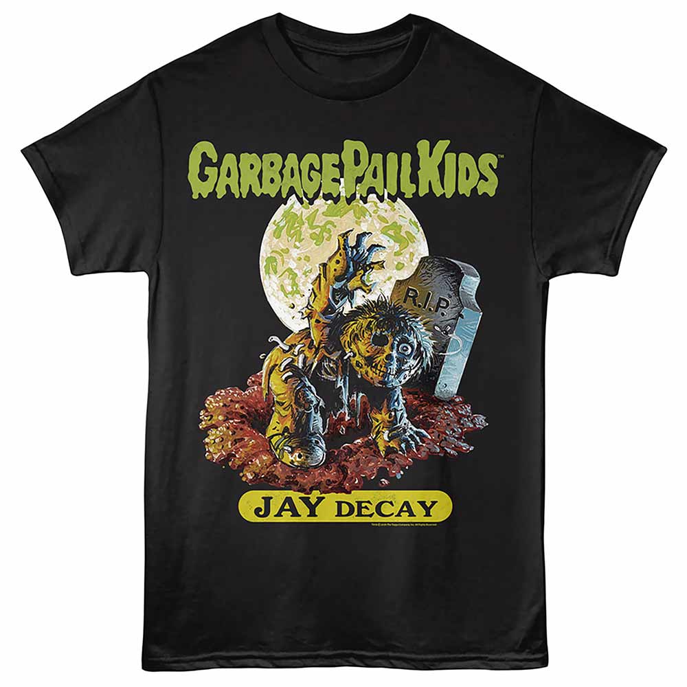 Black Garbage Pail Kids t-shirt featuring a Jay Decay design