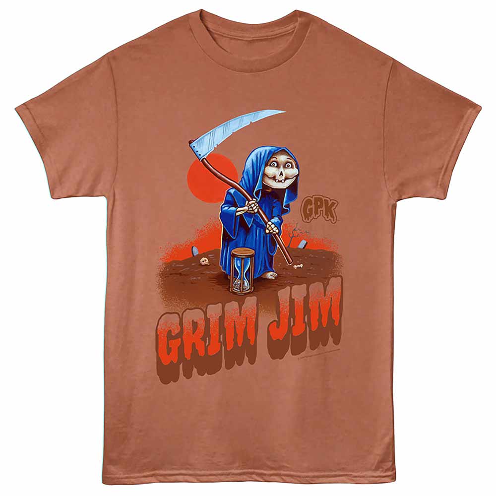 Rust Heather Garbage Pail Kids t-shirt featuring a Grim Jim design