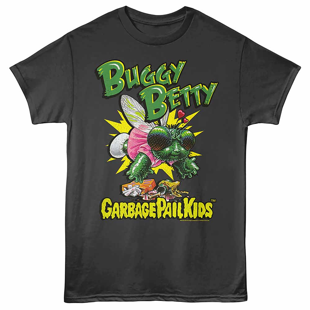 Smoke gray Garbage Pail Kids t-shirt featuring a Buggy Betty design