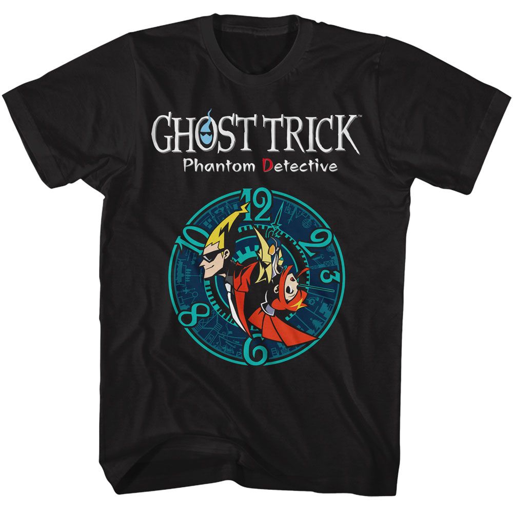 Black Ghost Trick t-shirt featuring Ghost Trick Characters And Clock ensemble design