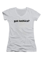 White Got Tethics Juniors V-Neck T-Shirt