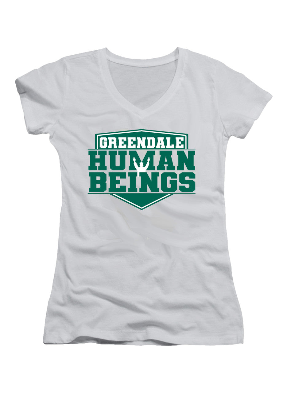 White Greendale Human Being Juniors V-Neck T-Shirt