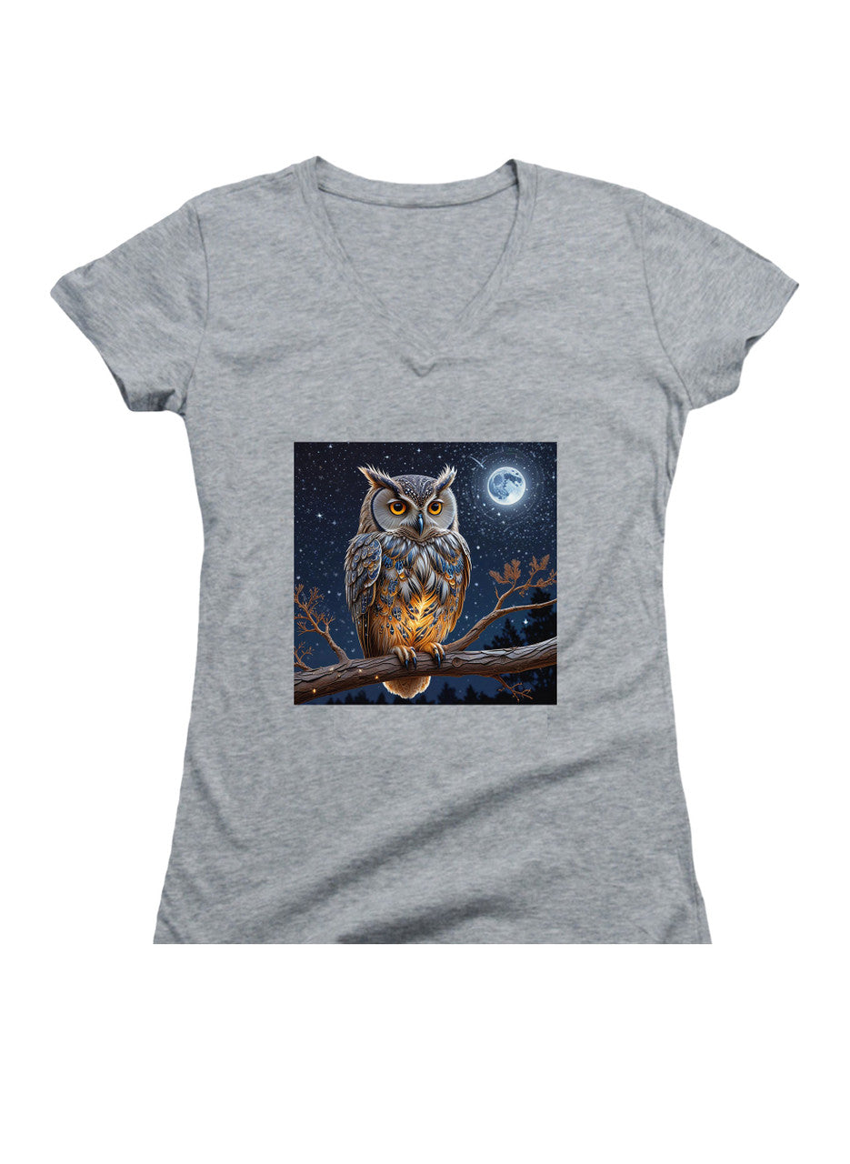 Gray Griffin Owl Juniors V-Neck T-Shirt