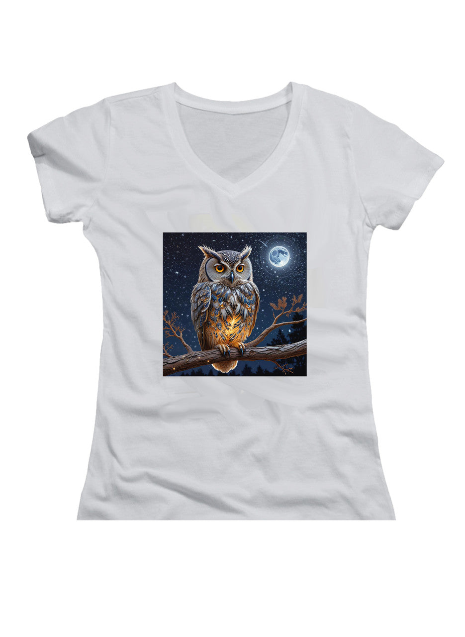 White Griffin Owl Juniors V-Neck T-Shirt