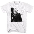 White Halloween t-shirt featuring Halloween Watching design — Michael Myers stalking from the shadows