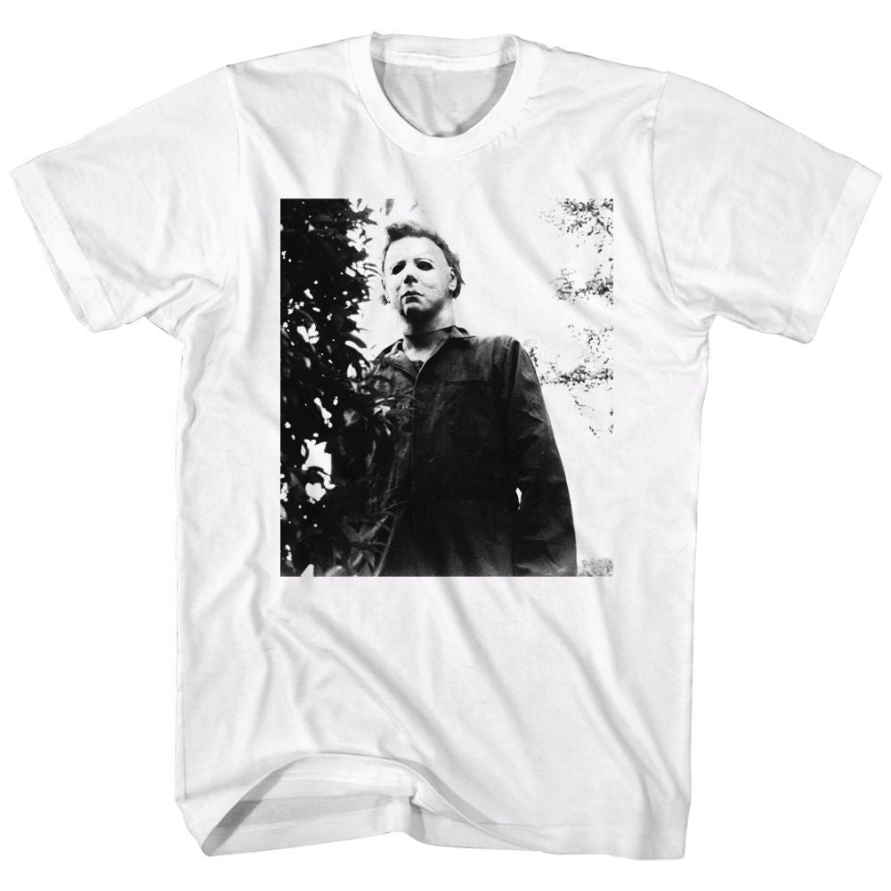White Halloween t-shirt featuring Halloween Watching design — Michael Myers stalking from the shadows
