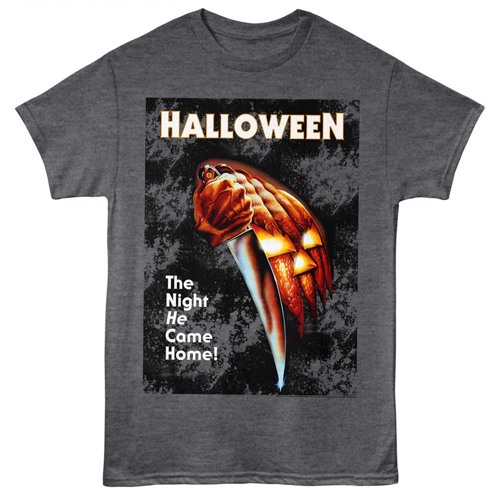 Heather charcoal Halloween t-shirt featuring Halloween The Night He Came Home tagline design