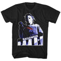 Black Halloween t-shirt featuring Halloween Top Floor design — Michael Myers in the upstairs window