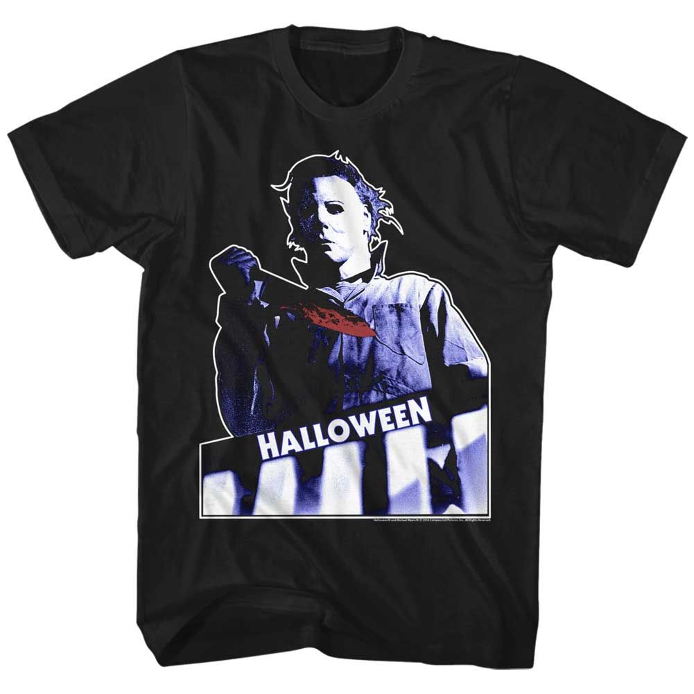Black Halloween t-shirt featuring Halloween Top Floor design — Michael Myers in the upstairs window