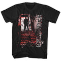 Black Halloween t-shirt featuring Halloween Stair Top design — Michael Myers waiting on the stairs