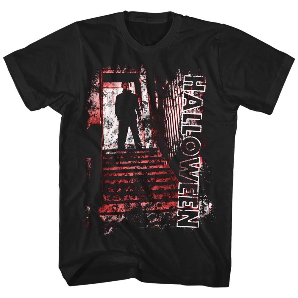 Black Halloween t-shirt featuring Halloween Stair Top design — Michael Myers waiting on the stairs