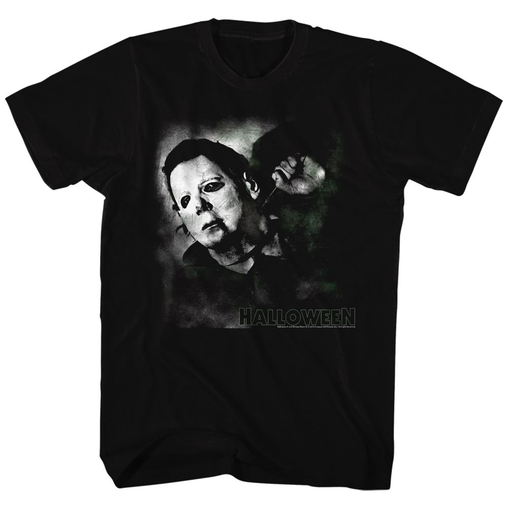 Black Halloween t-shirt featuring Halloween Needle Cracked logo design (v2)