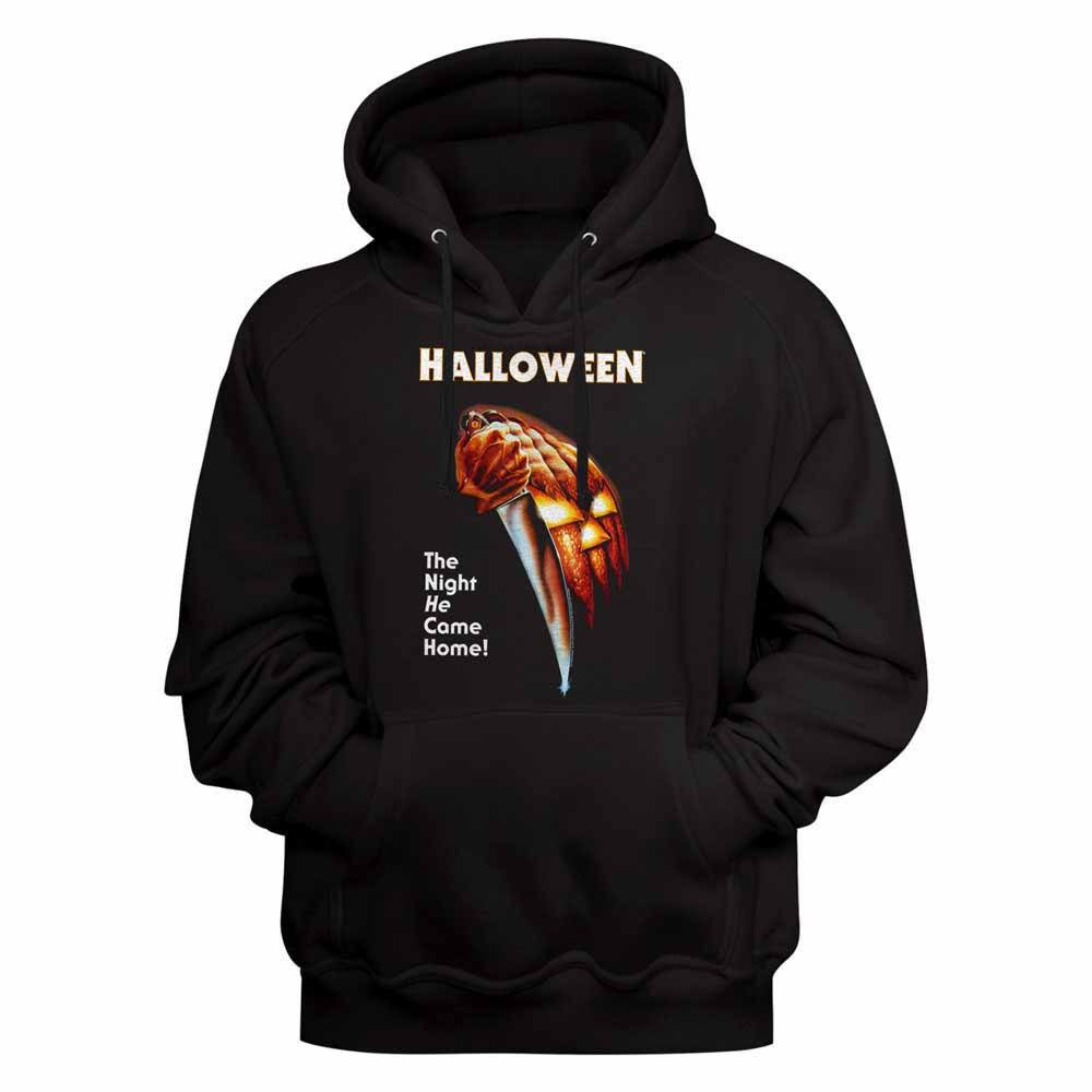 Black Halloween pullover hoodie featuring a The Night He Came Home Poster design
