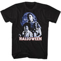 Black Halloween t-shirt featuring Halloween Ensemble design featuring multiple Michael Myers scenes