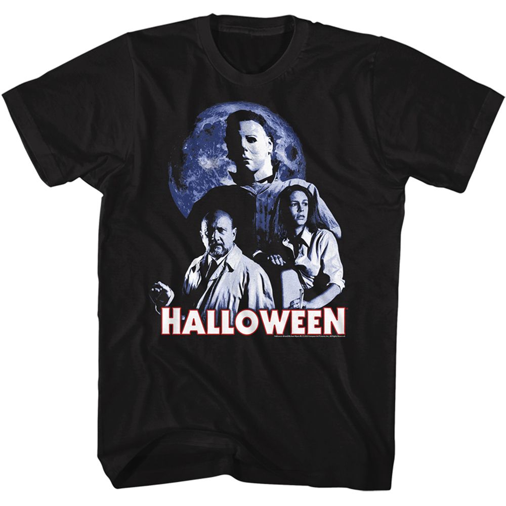 Black Halloween t-shirt featuring Halloween Ensemble design featuring multiple Michael Myers scenes
