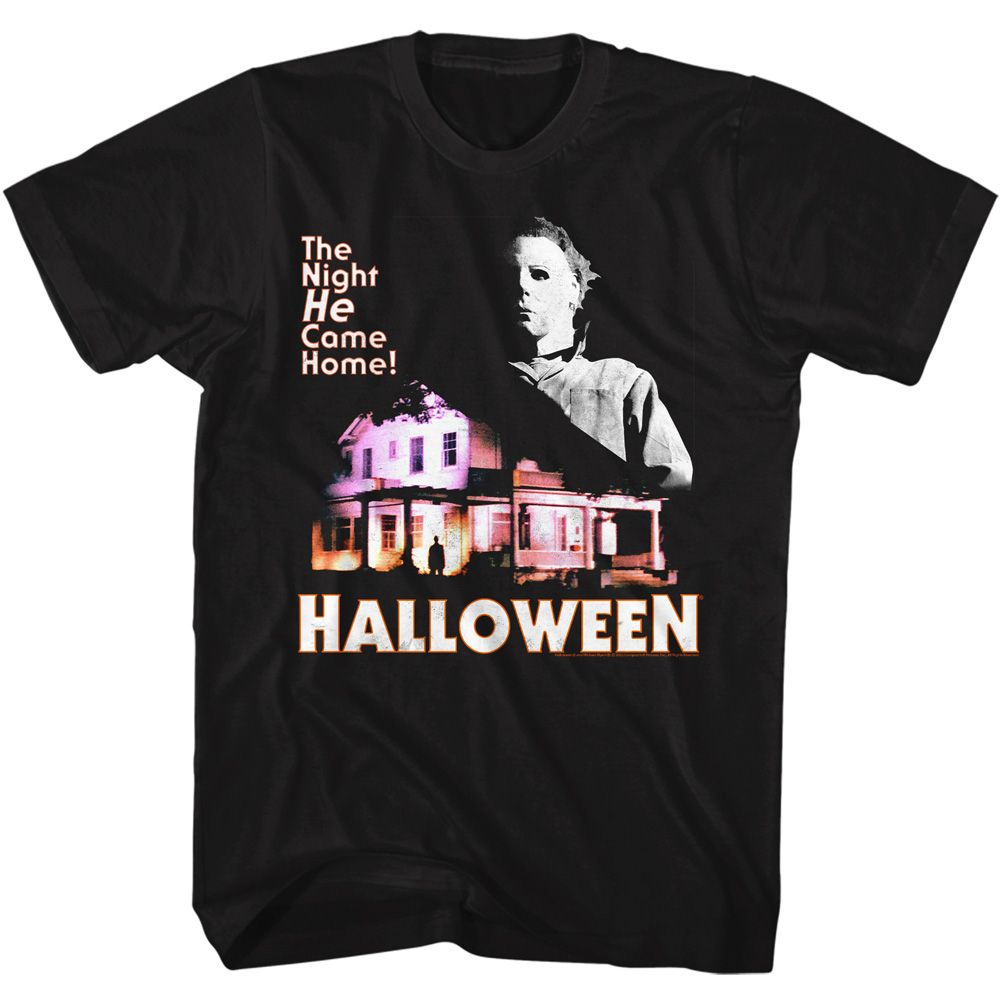 Black Halloween t-shirt featuring Halloween Mike and House design
