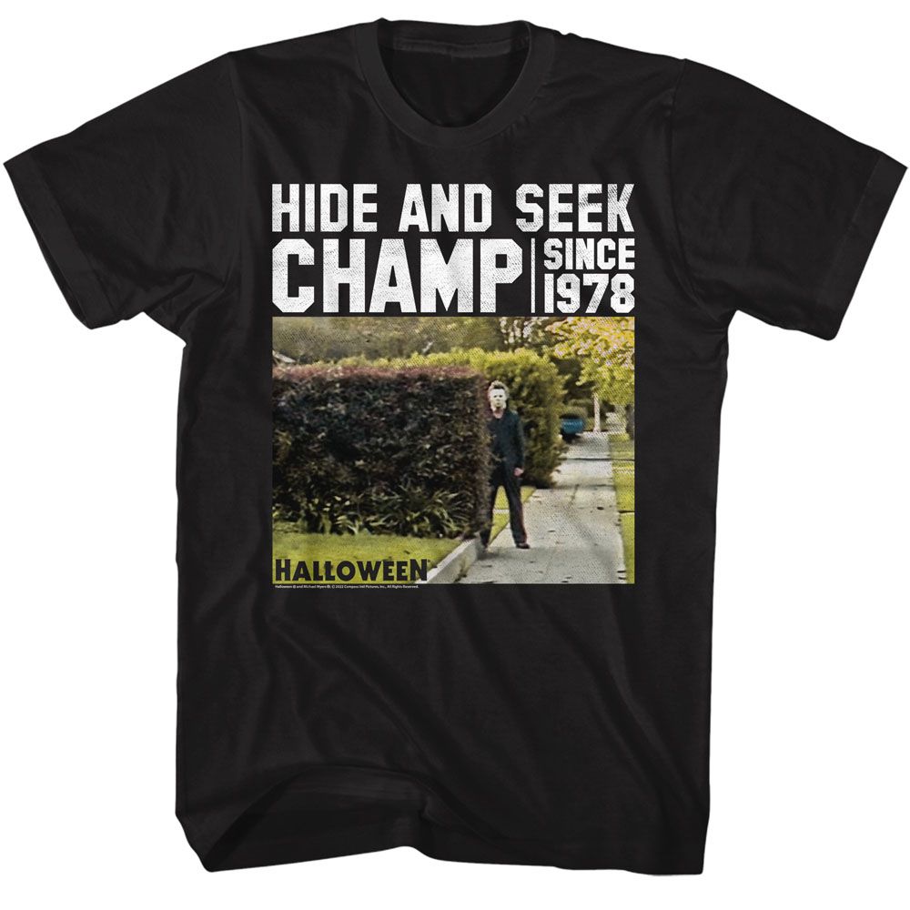 Black Halloween t-shirt featuring Halloween Hide and Seek in the Bushes design