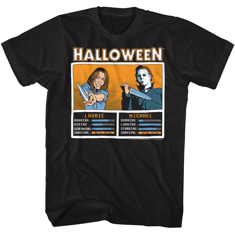 Black Halloween t-shirt featuring Halloween Laurie vs Michael Face Off design