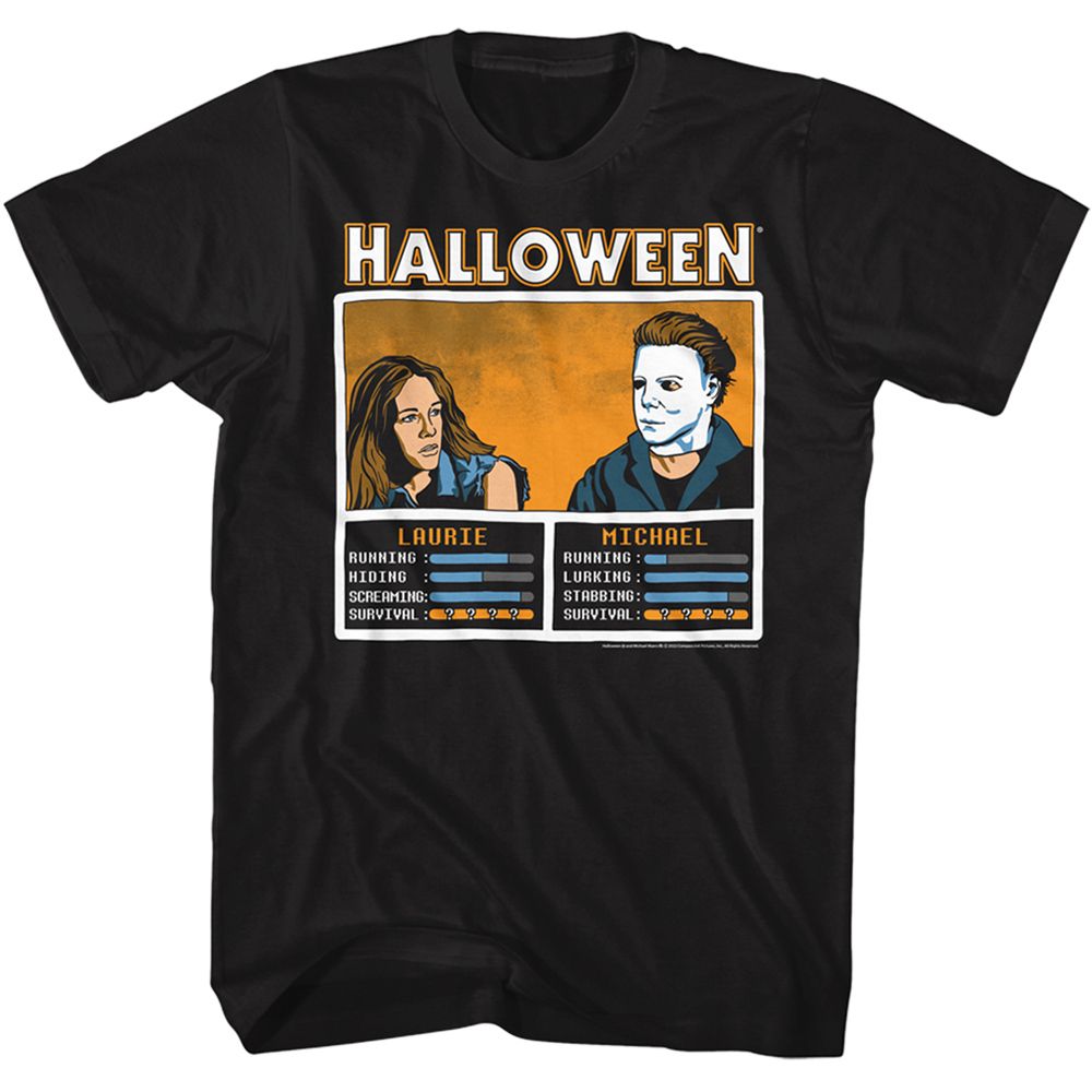 Black Halloween t-shirt featuring Halloween Face Off design — Laurie and Michael without weapons