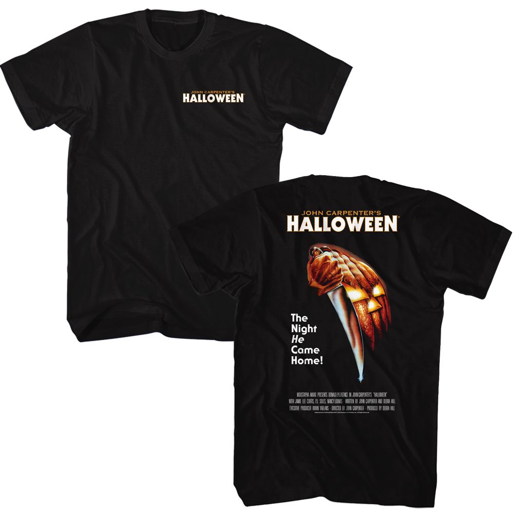 Black Halloween t-shirt featuring Halloween poster-style chest design (front and back)