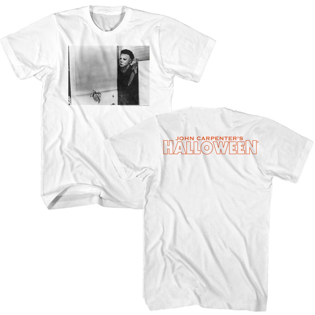 White Halloween t-shirt featuring Halloween Around The Corner design (front and back)