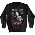 Black Halloween sweatshirt featuring Michael Myers Halloween slashing through the snow Christmas design