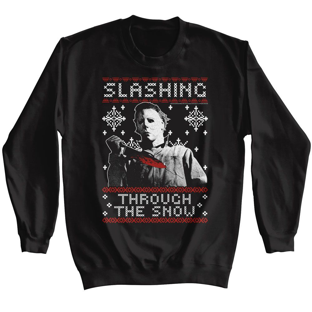 Black Halloween sweatshirt featuring Michael Myers Halloween slashing through the snow Christmas design