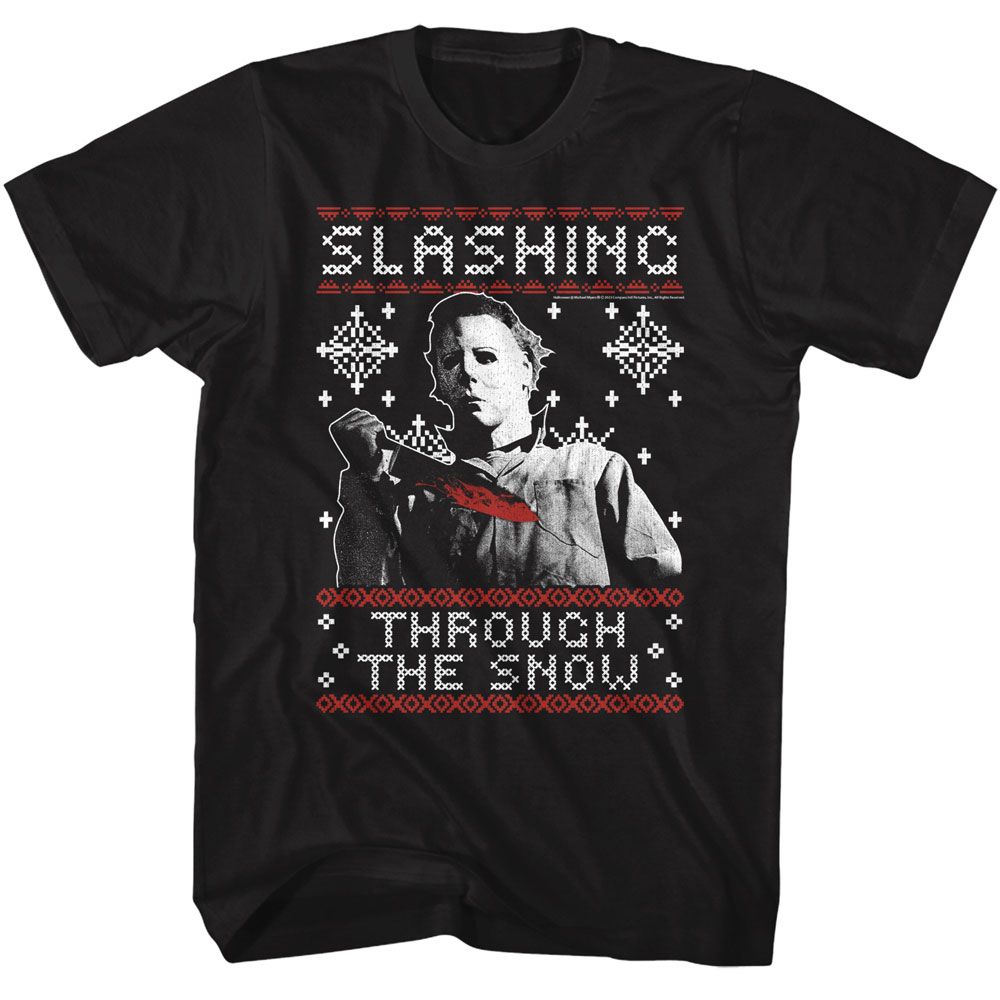 Black Halloween t-shirt featuring Halloween Slashing Through The Snow design