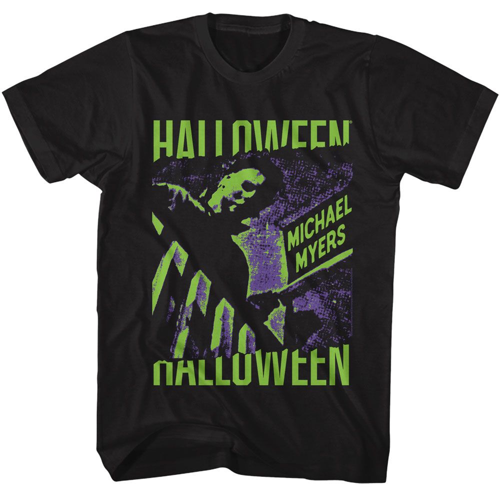 Black Halloween t-shirt featuring Halloween Michael Myers two-color design