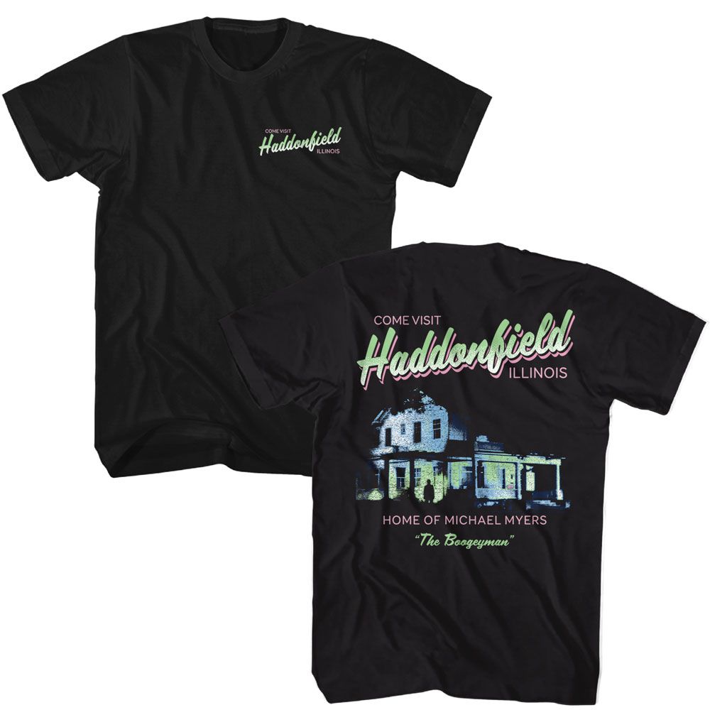 Black Halloween t-shirt featuring Halloween Come Visit Haddonfield design (front and back)