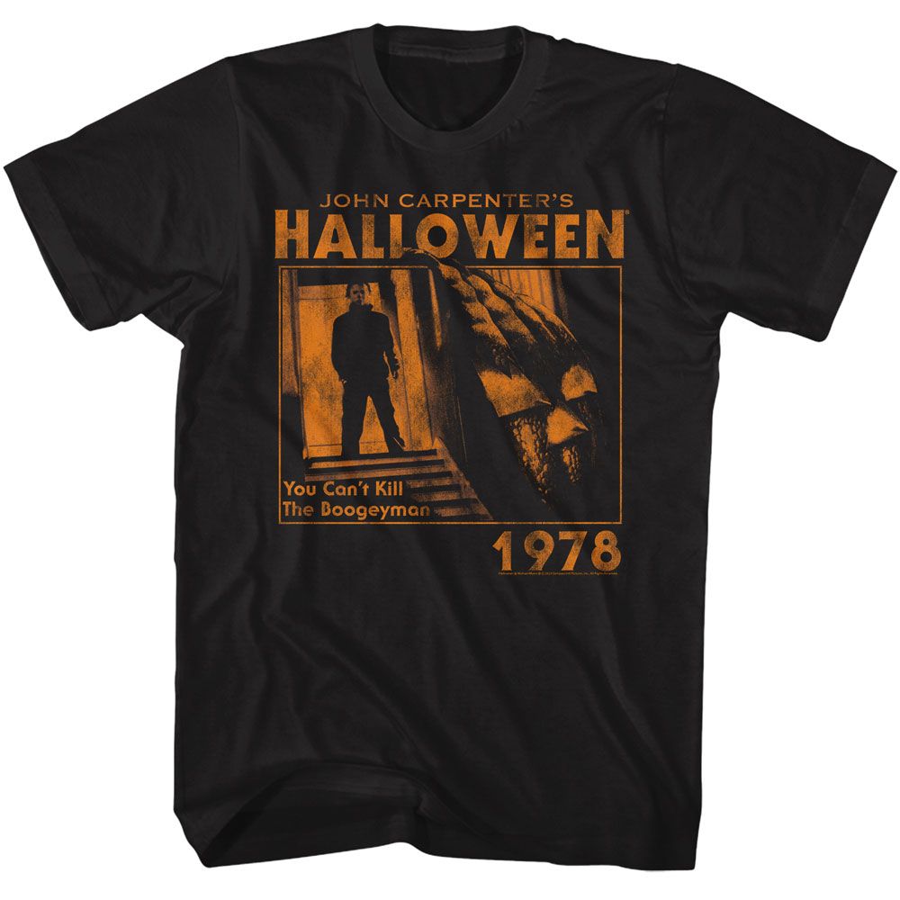 Black Halloween t-shirt featuring Halloween Mike And Pumpkin 1978 design