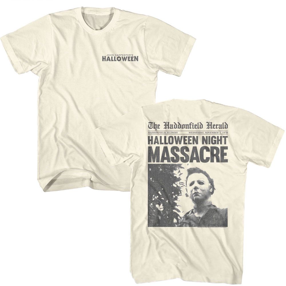 Natural Halloween t-shirt featuring Halloween Haddonfield Herald newspaper design (front and back)