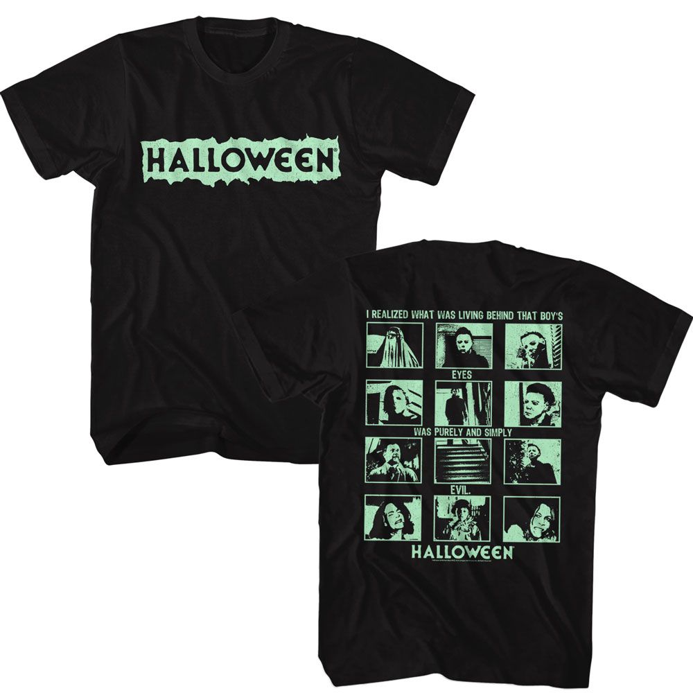 Black Halloween t-shirt featuring Halloween That Boy's Eyes design (front and back)