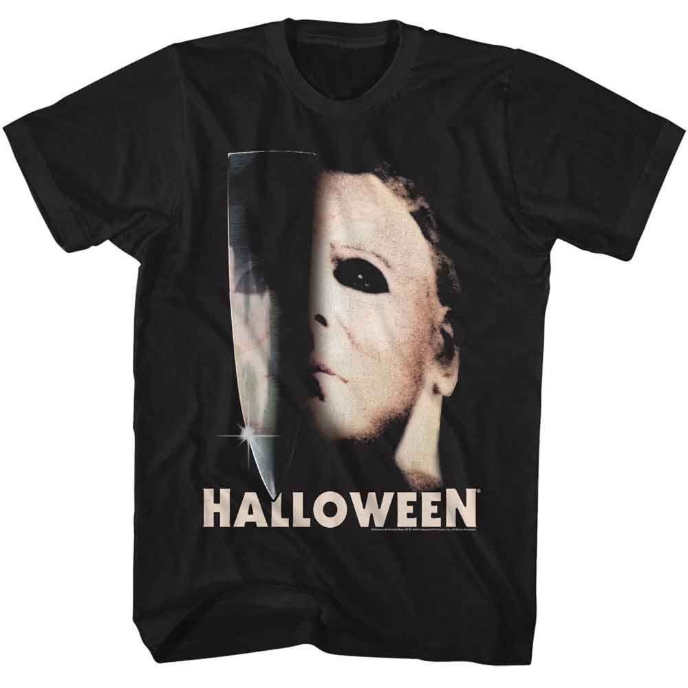 Black Halloween t-shirt featuring Halloween Half Mask And Knife design