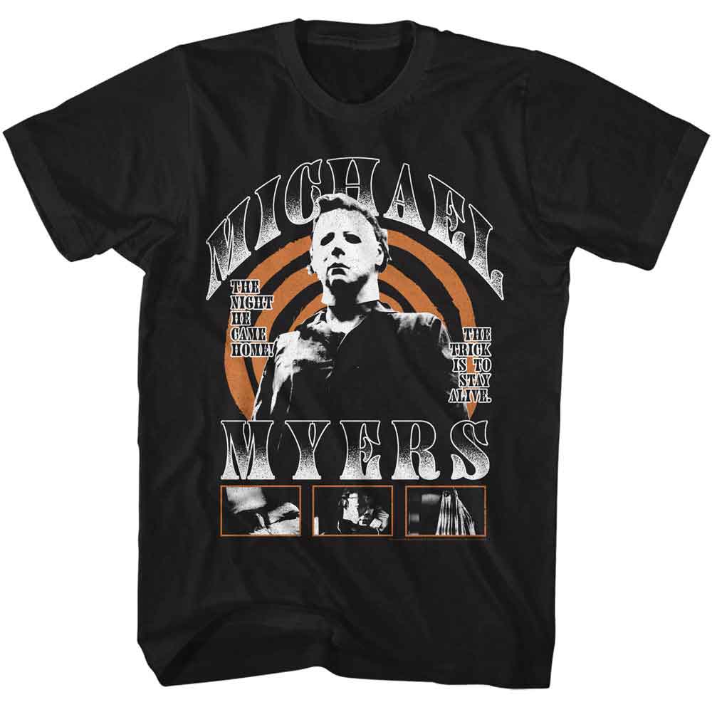 Black Halloween t-shirt featuring Halloween Myers Spiral design