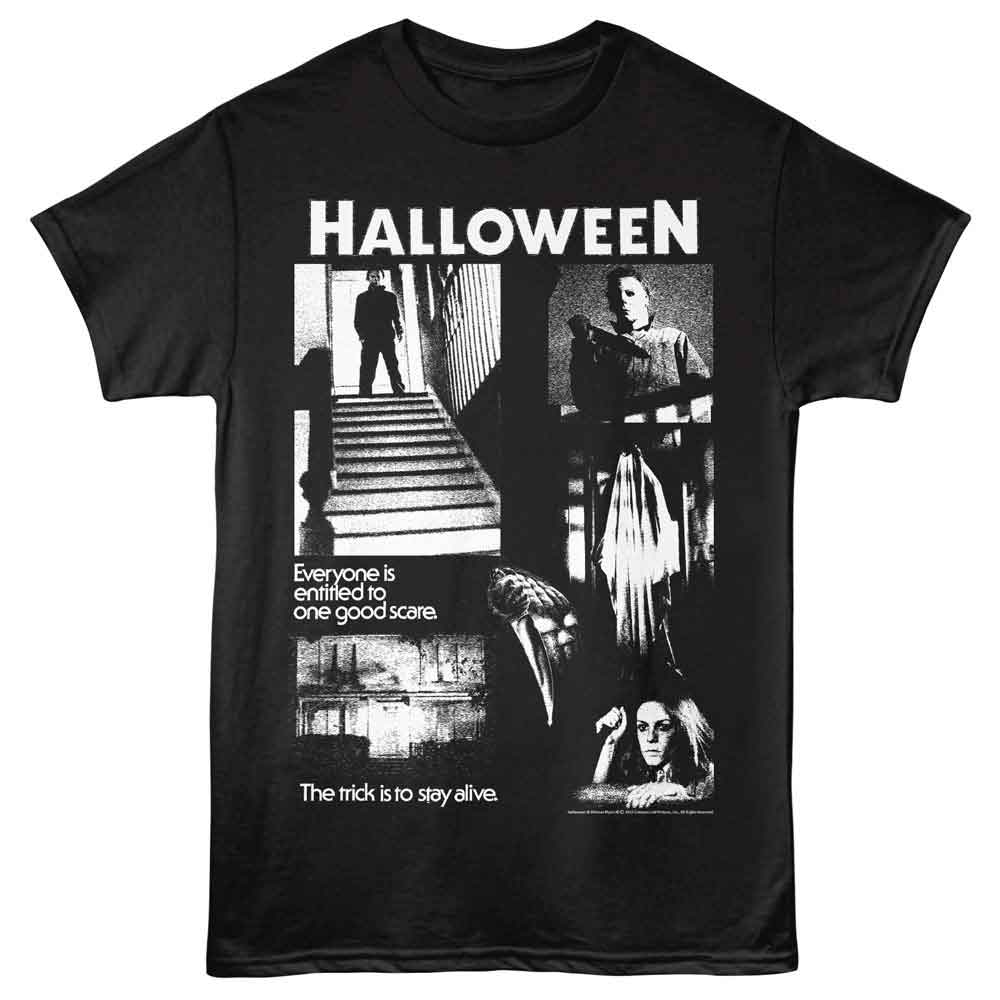 Black Halloween t-shirt featuring Halloween One Good Scare collage design
