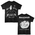 Black Halloween t-shirt featuring Halloween Myers With House design (front and back)