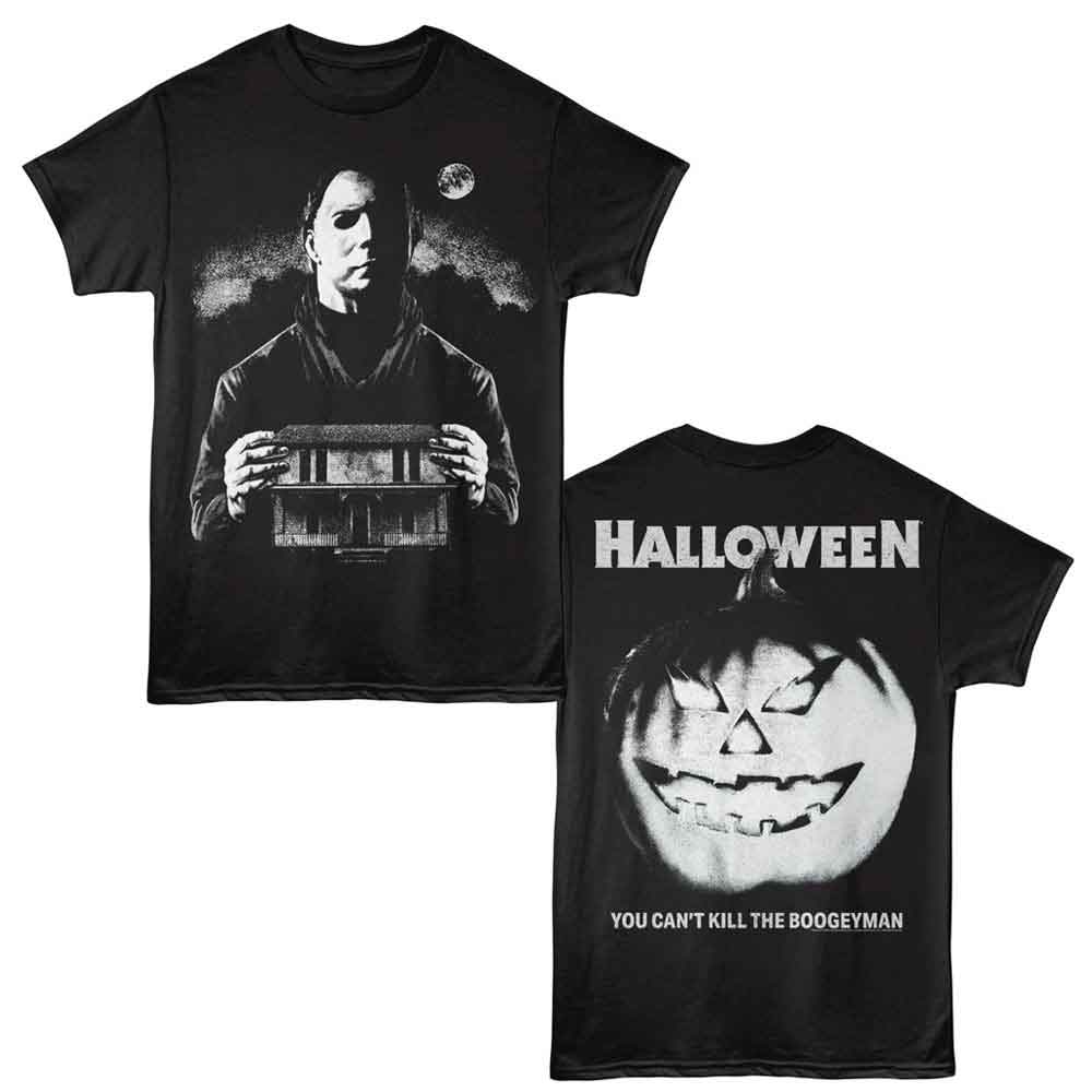 Black Halloween t-shirt featuring Halloween Myers With House design (front and back)