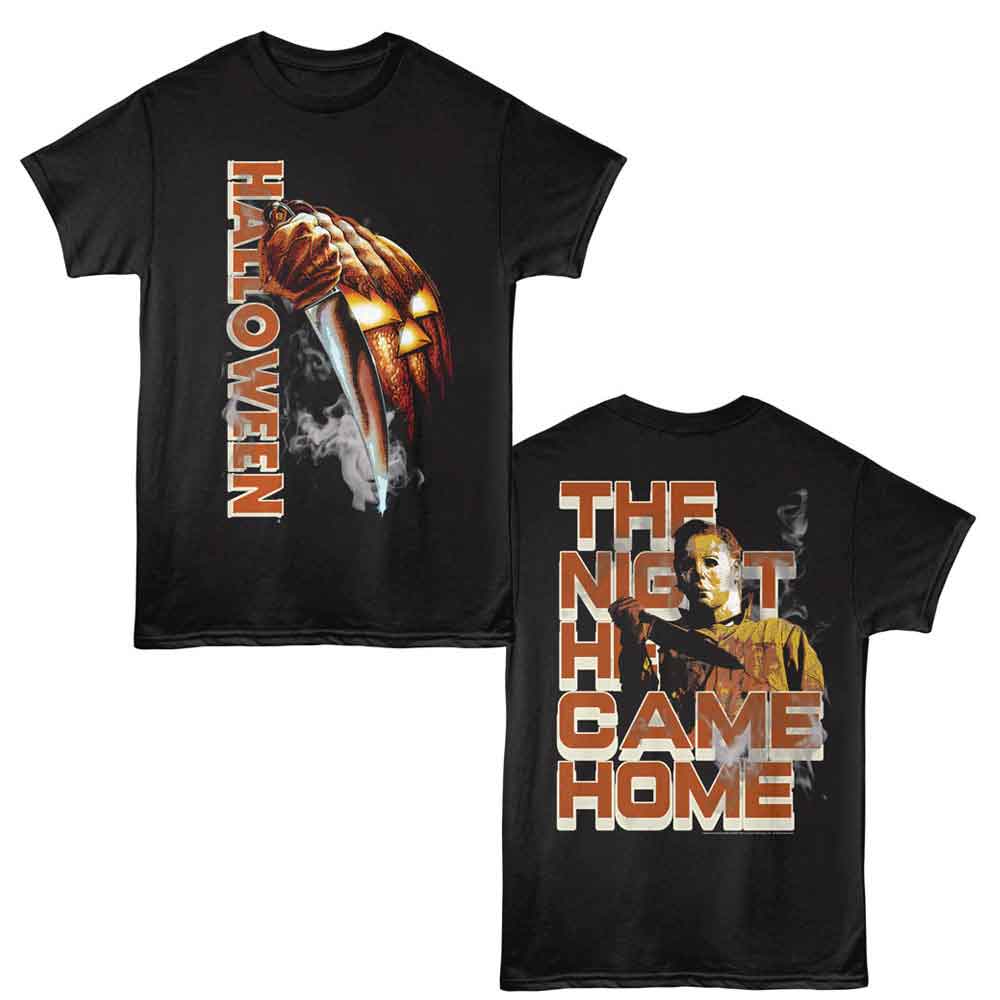 Black Halloween t-shirt featuring Halloween Pumpkin Knife Smoking design (front and back)