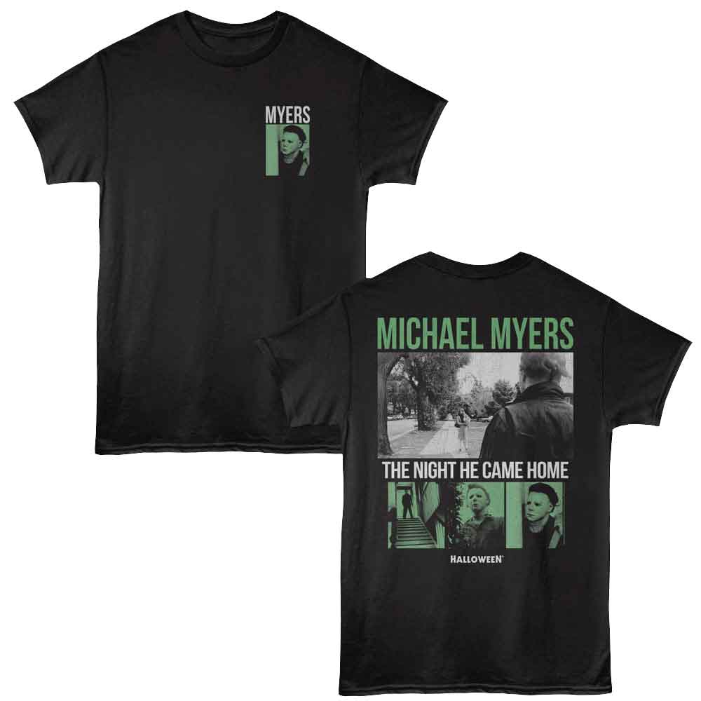 Black Halloween t-shirt featuring Halloween Myers design (front and back)