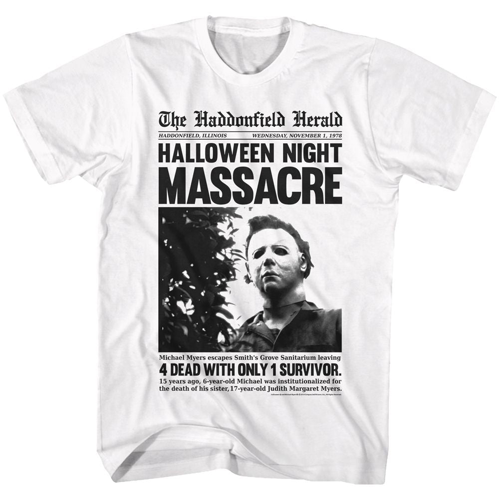 White Halloween t-shirt featuring Haddonfield Herald Halloween design