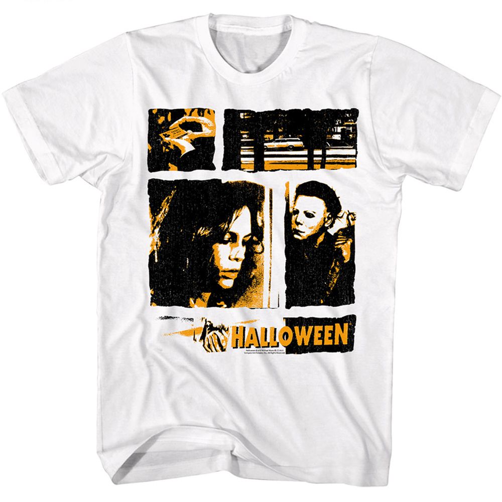 White Halloween t-shirt featuring Halloween Panels design