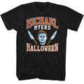 Black Halloween t-shirt featuring Halloween Varsity Style Michael design