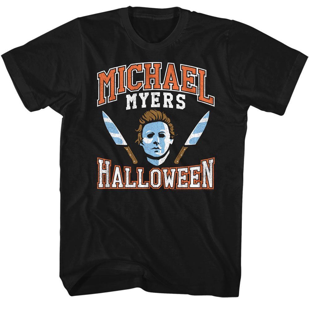 Black Halloween t-shirt featuring Halloween Varsity Style Michael design