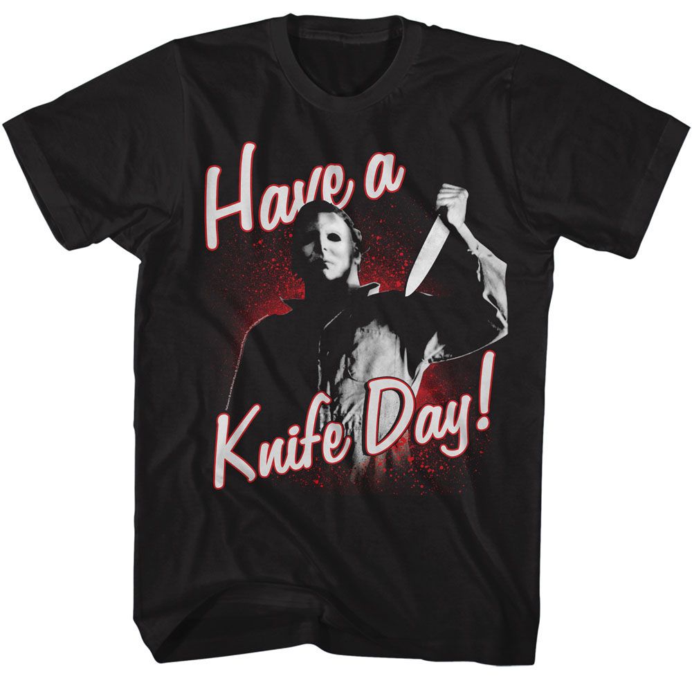 Black Halloween t-shirt featuring Halloween Have A Knife Day design
