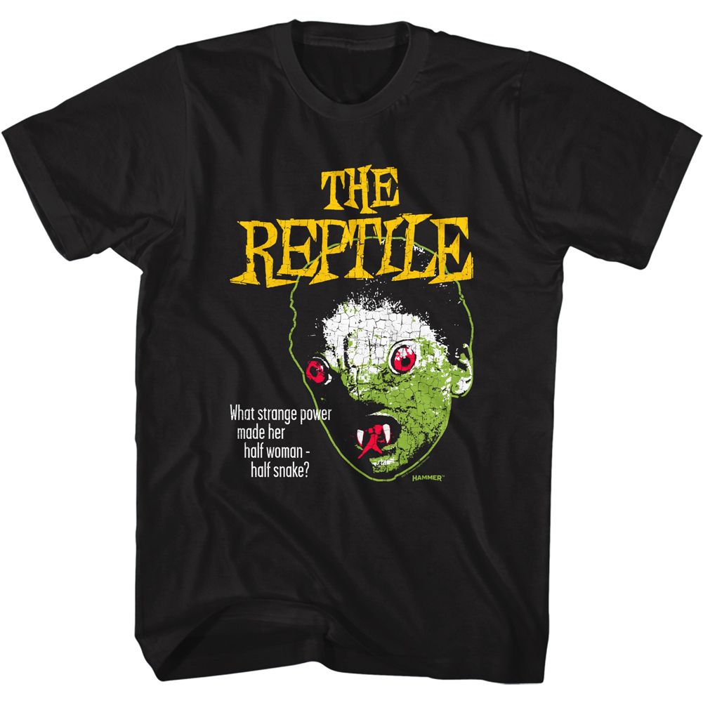 Black Hammer Horror t-shirt featuring Hammer Horror The Reptile face design