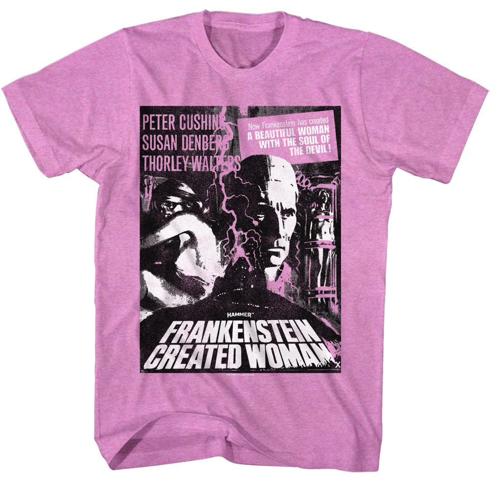 Neon purple heather Hammer Horror t-shirt featuring Hammer Horror Frankenstein Created Woman poster design