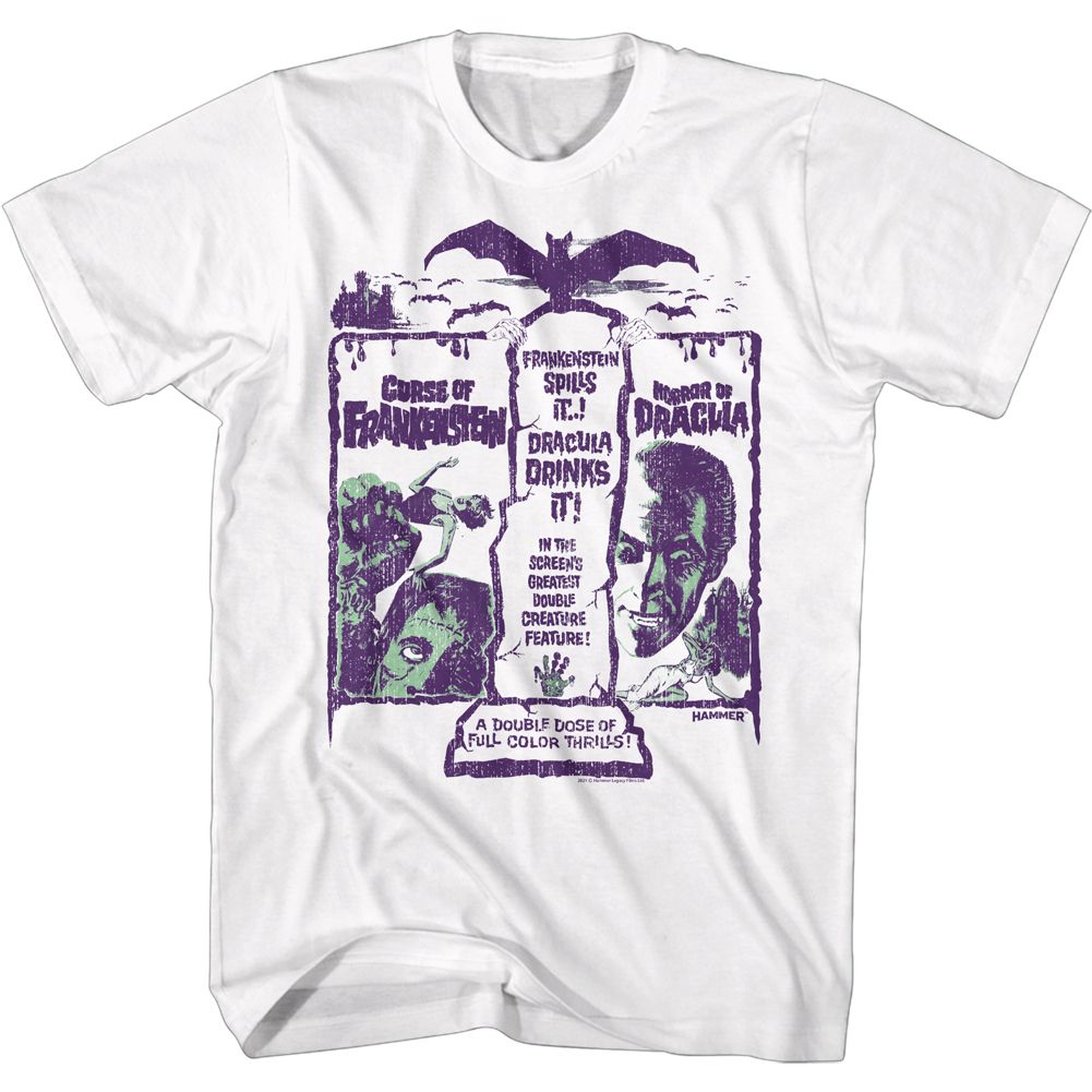 White Hammer Horror t-shirt featuring Hammer Horror Double Creature Feature design