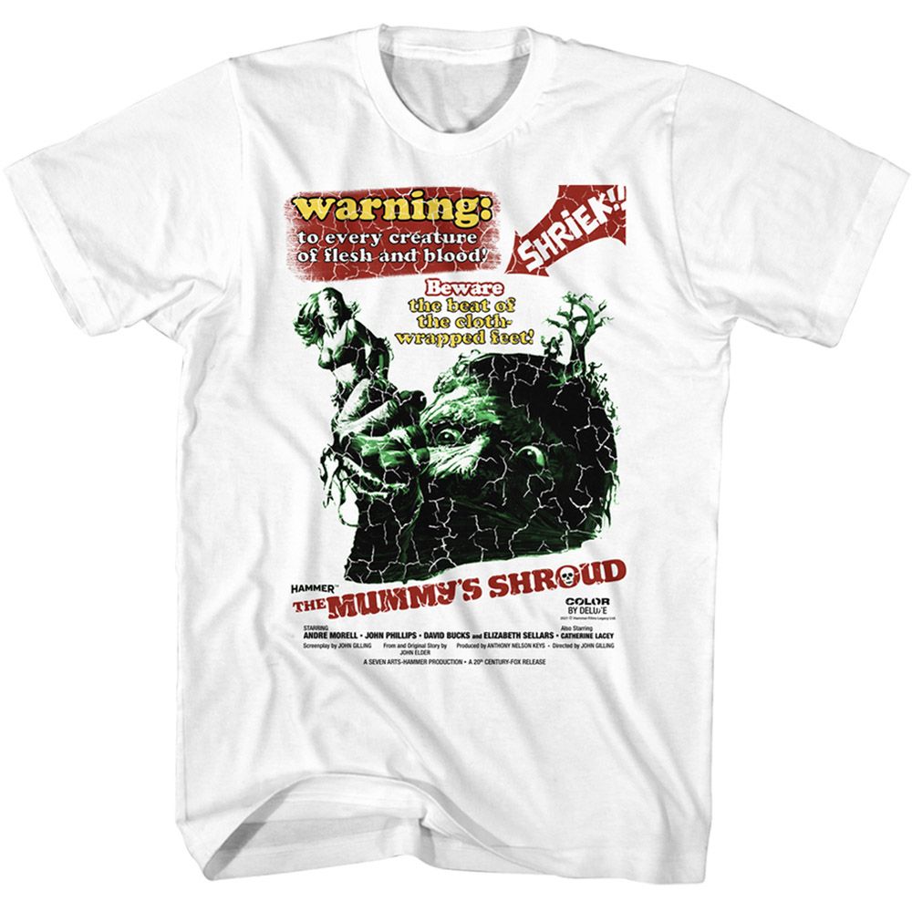 White Hammer Horror t-shirt featuring Hammer Horror The Mummy's Shroud design