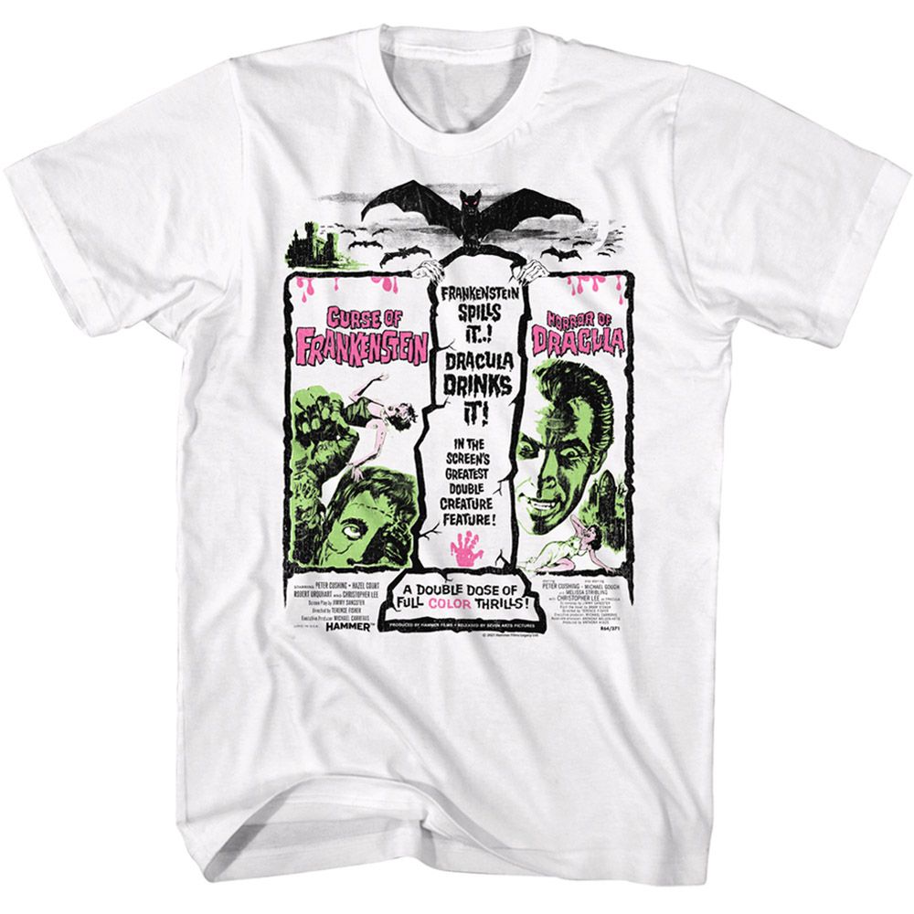 White Hammer Horror t-shirt featuring Hammer Horror Dracula and Frankenstein design
